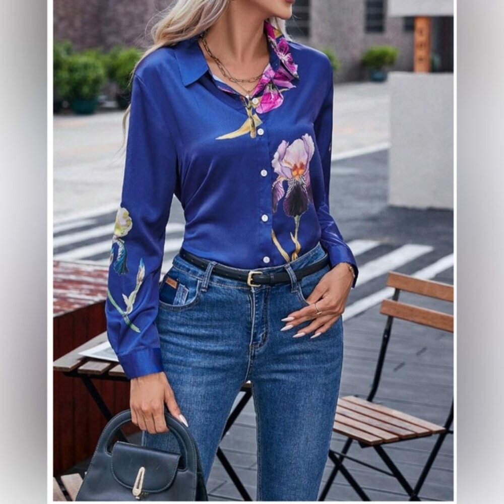 Blue Floral Satin Button Down Blouse